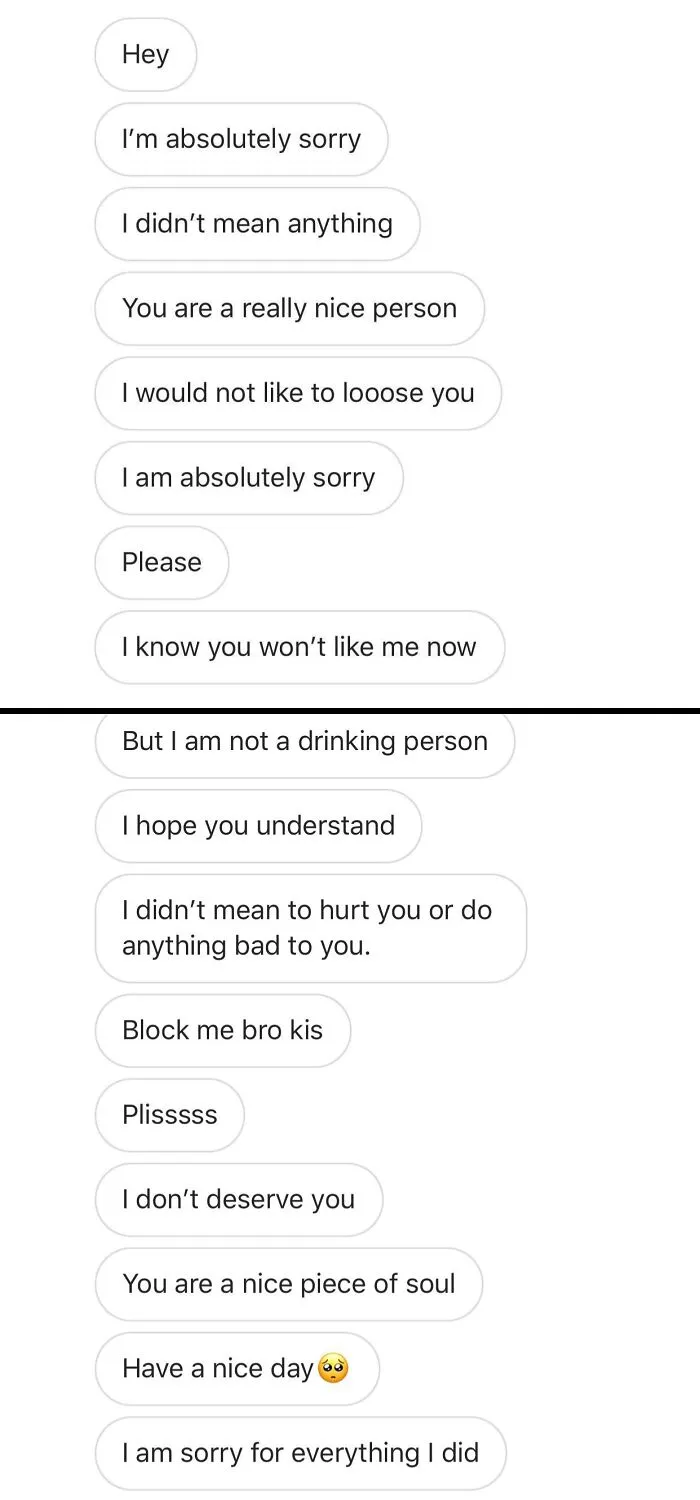 Screenshot showing an overly apologetic text conversation highlighting frustrating Tinder stories in modern dating.