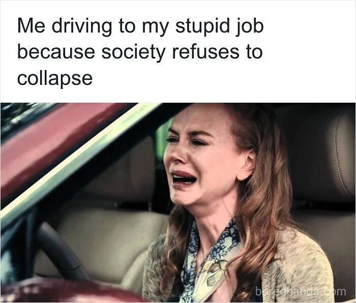 A crying woman driving a car in a scene representing dark dystopian memes about societal collapse and daily work.
