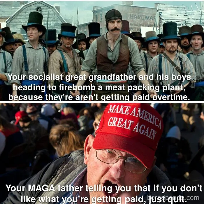 Split image comparing historic labor struggles with modern political commentary in dark dystopian memes.