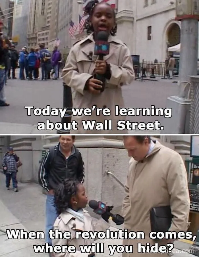 Child reporter interviewing adults on Wall Street about revolution, featured in dark dystopian memes.