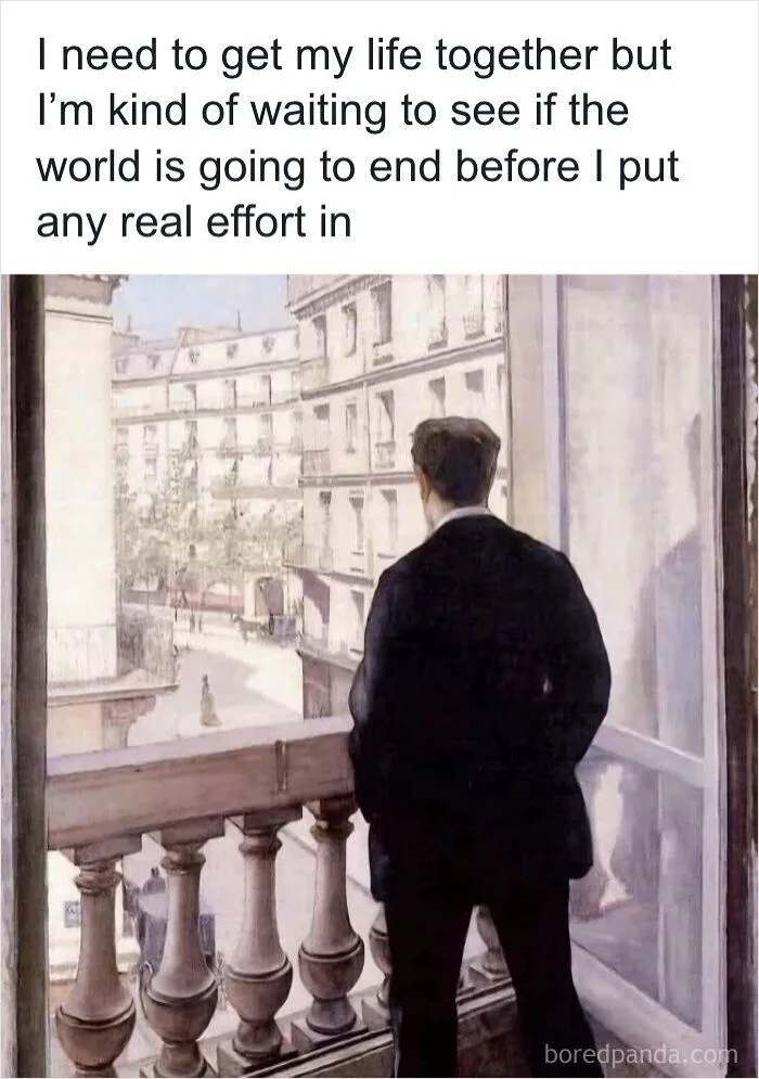 A man looking out a balcony window in a classical painting format, representing dark dystopian memes about modern anxiety.