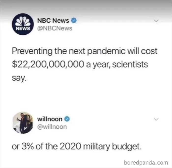 A screenshot of tweets highlighting pandemic funding versus military budget, exemplifying dark dystopian memes.