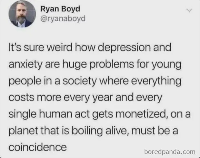 A tweet about depression and rising living costs, illustrating dark dystopian memes about modern society.