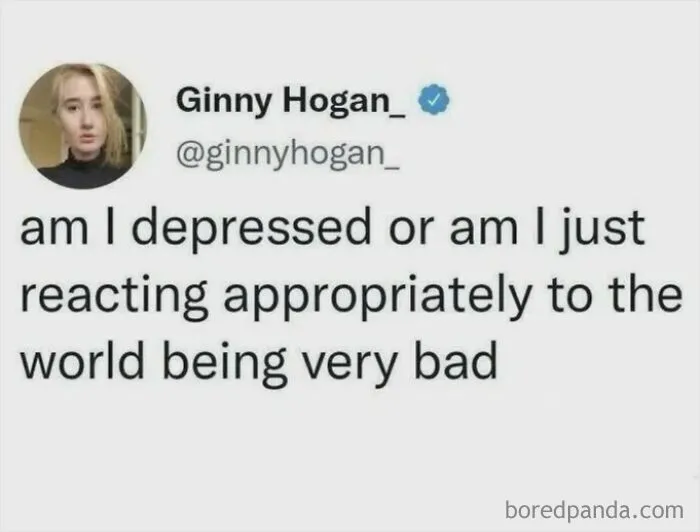 Tweet asking about depression versus reacting to a bad world, featured in dark dystopian memes.