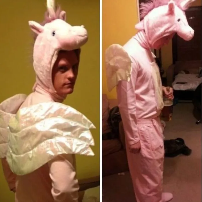 Side-by-side view of a man dressed in a pink unicorn suit as a unique Halloween costume idea.