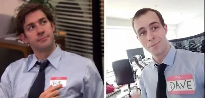 Side-by-side comparison of Jim Halpert from The Office and a man recreating his simple Dave Halloween costume idea.