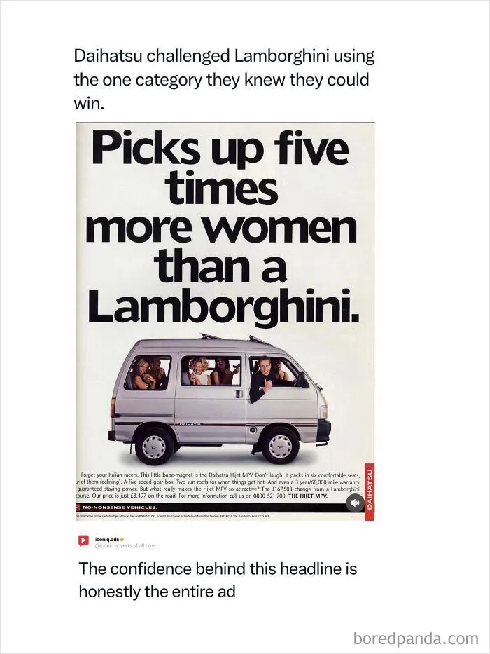 Entertaining and iconic ads featuring a funny vintage Daihatsu van advertisement comparing itself to a Lamborghini.