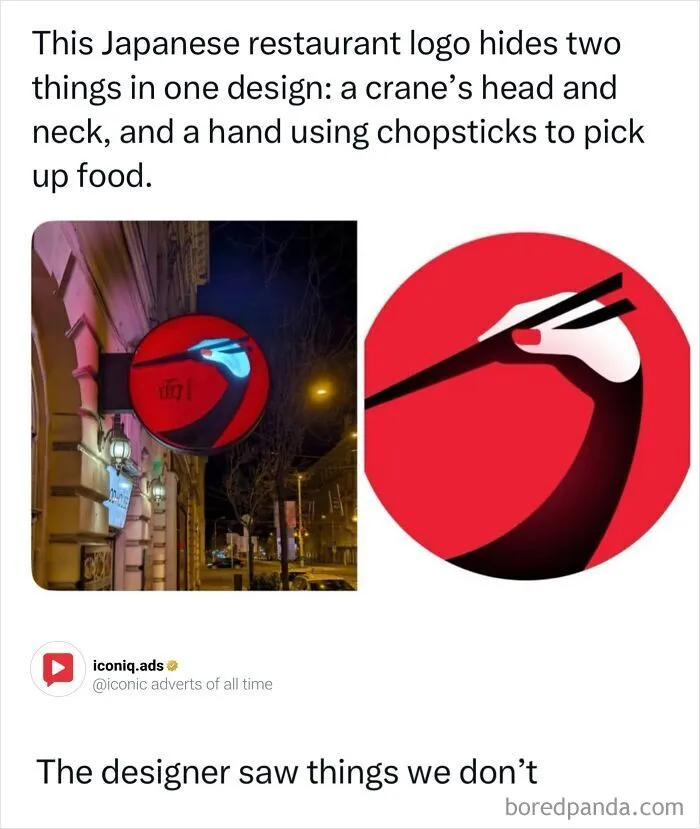Clever Japanese restaurant logo featuring a crane and chopsticks as an example of entertaining ads and design.