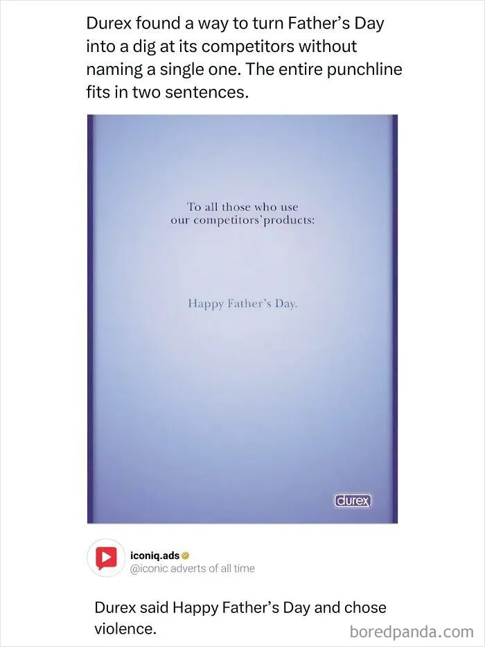 A minimal Durex print ad wishing Happy Father's Day to competitor users, showcasing iconic ads with humor.