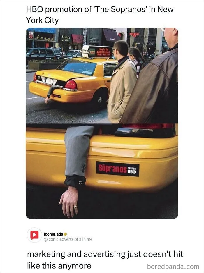 Promotional taxi stunt with fake arm hanging out of trunk created for The Sopranos as part of iconic ads.