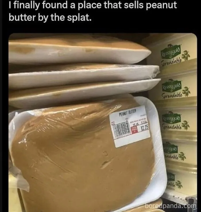 A styrofoam tray filled with peanut butter, featured in funny posts about avoiding the metric system.
