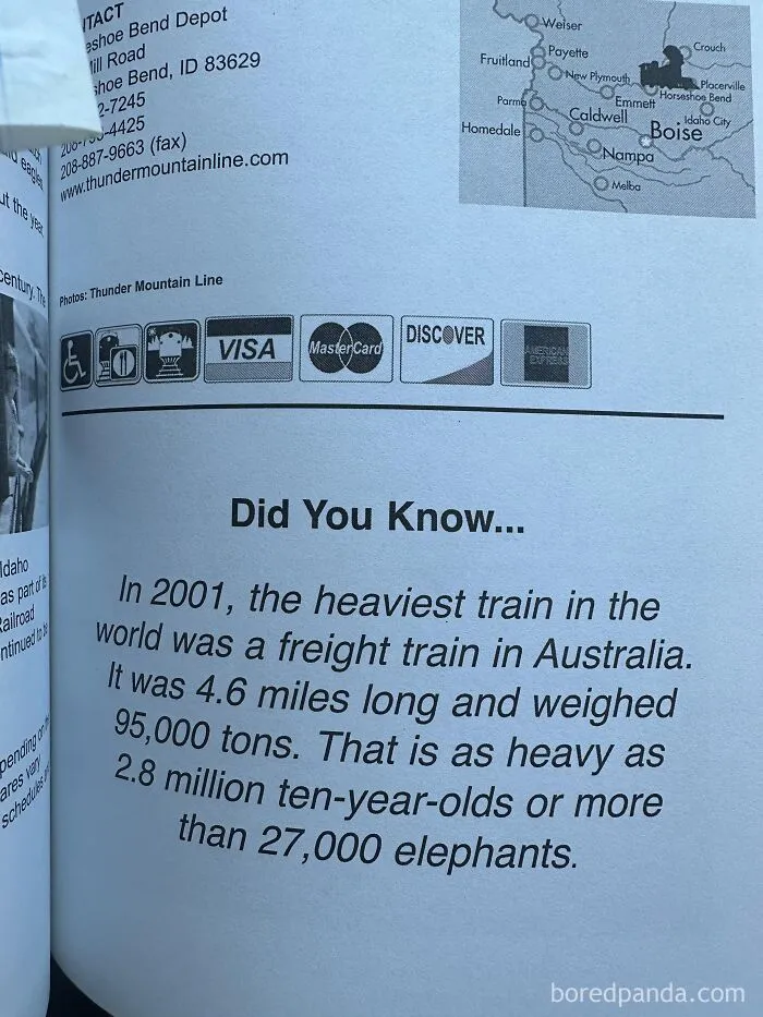 Page text trivia comparing heavy train weight to elephants, a funny post about not using the metric system