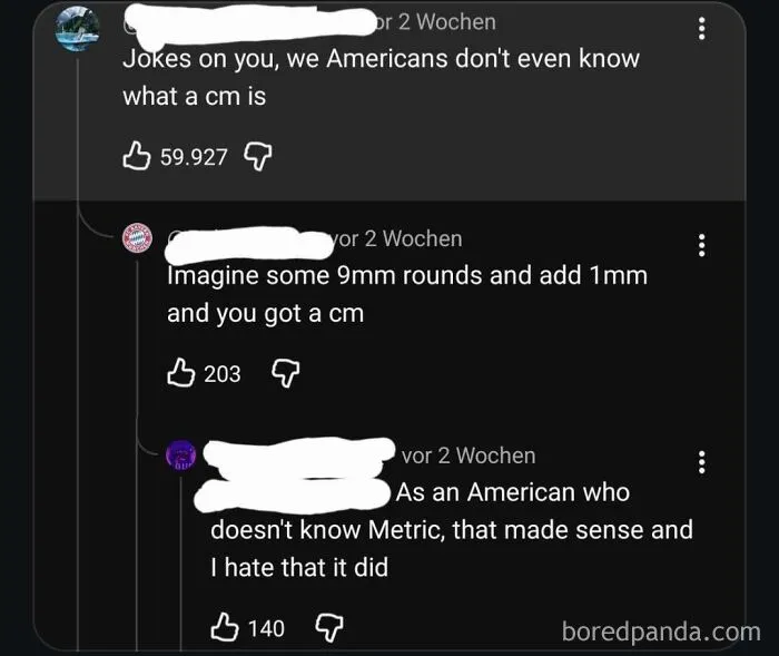 Funny comments showing Americans avoiding the metric system using ammo measurements.