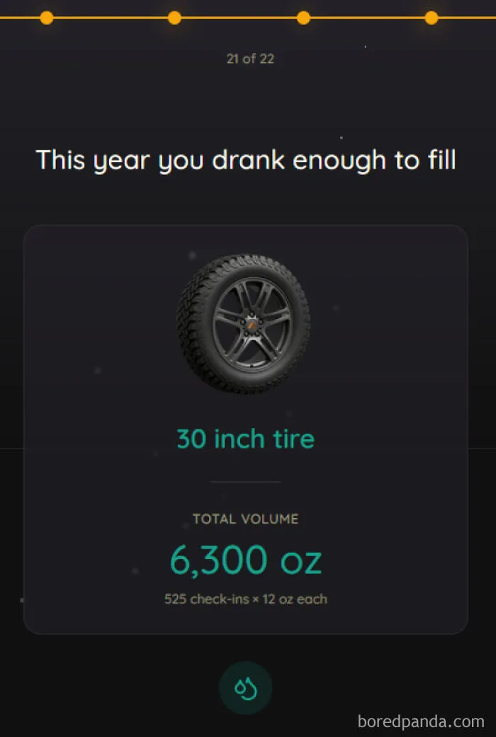 An app summary comparing beverage consumption to a 30-inch tire volume in funny posts about measurements.