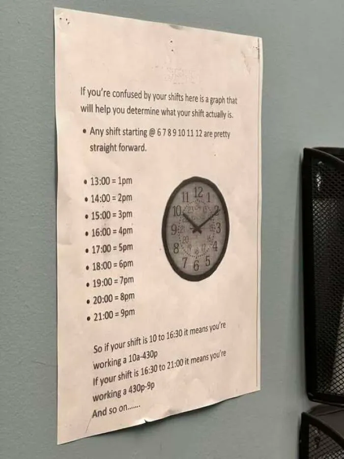 Sign explaining military time for workers who are confidently wrong.