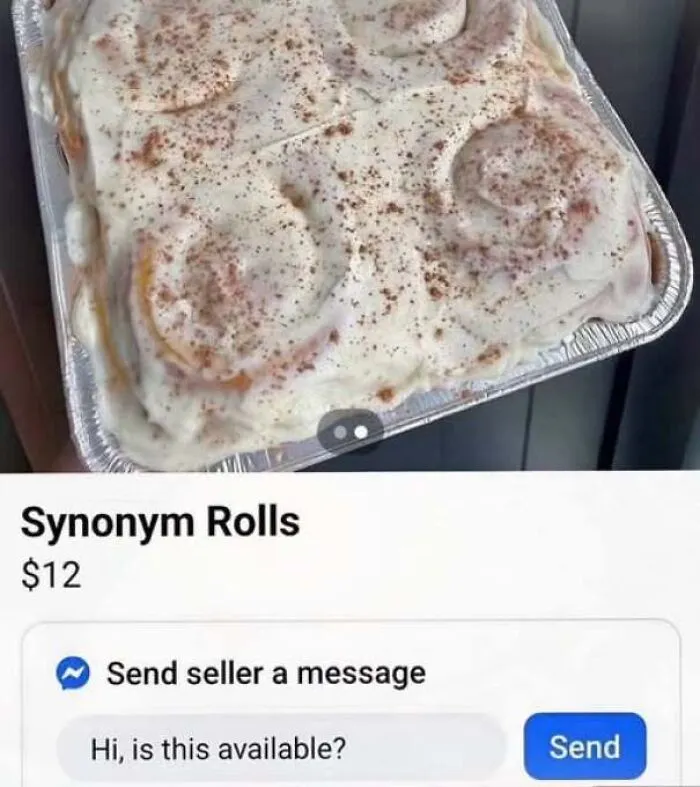 An online marketplace listing for Synonym Rolls showing someone being confidently wrong about cinnamon rolls.