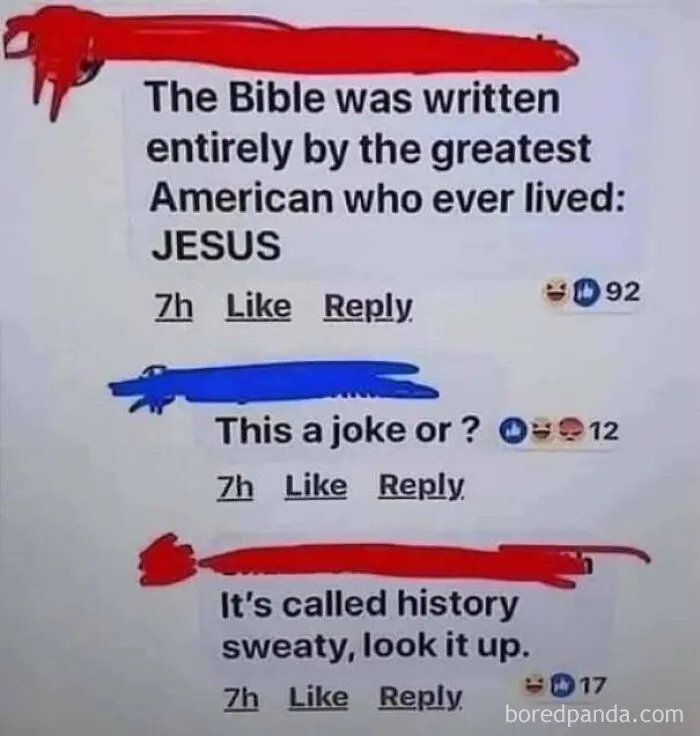 A Facebook comment thread showing someone who is confidently wrong about Jesus writing the Bible.
