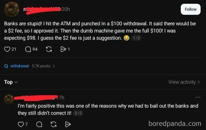 Post from a person confidently wrong about ATM withdrawal fees.