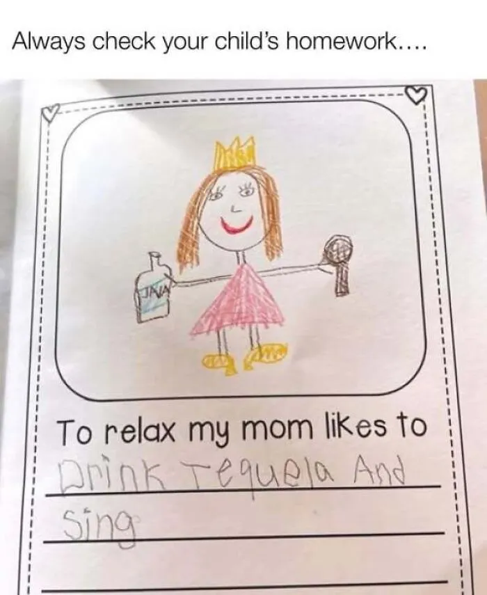 Childish drawing on a school worksheet illustrating someone confidently wrong about their mother.