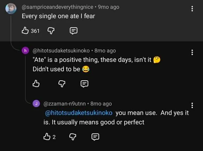 YouTube comment chain discussing slang where someone is confidently wrong about grammar corrections.