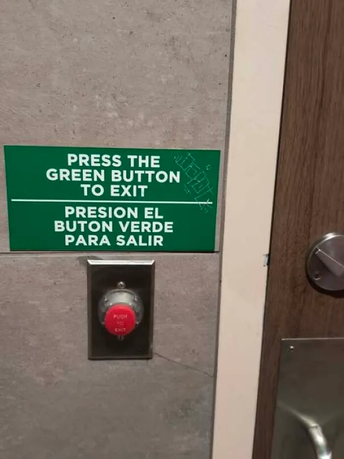 Sign telling people to press a green button next to a red button, showing people being confidently wrong