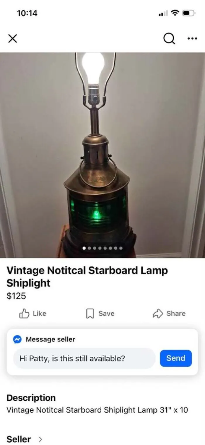 Online listing for a vintage lamp titled Notitcal Starboard Lamp, a hilarious example of people being confidently wrong.