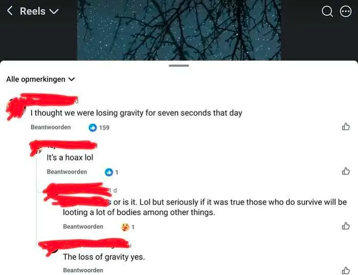 Screenshot of social media comments showing someone being confidently wrong about losing gravity