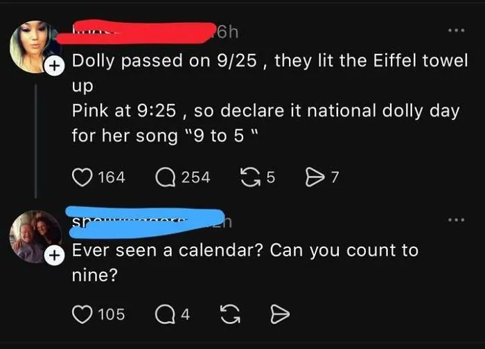 Social media post claiming Dolly Parton passed away, showing an example of someone confidently wrong.