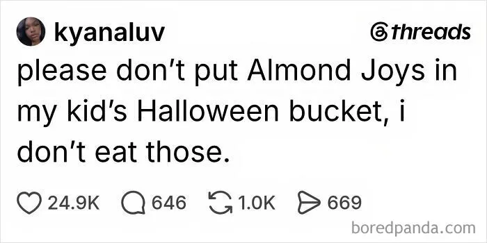Funny Halloween post about parents taking candy from their kid's trick-or-treat bucket.