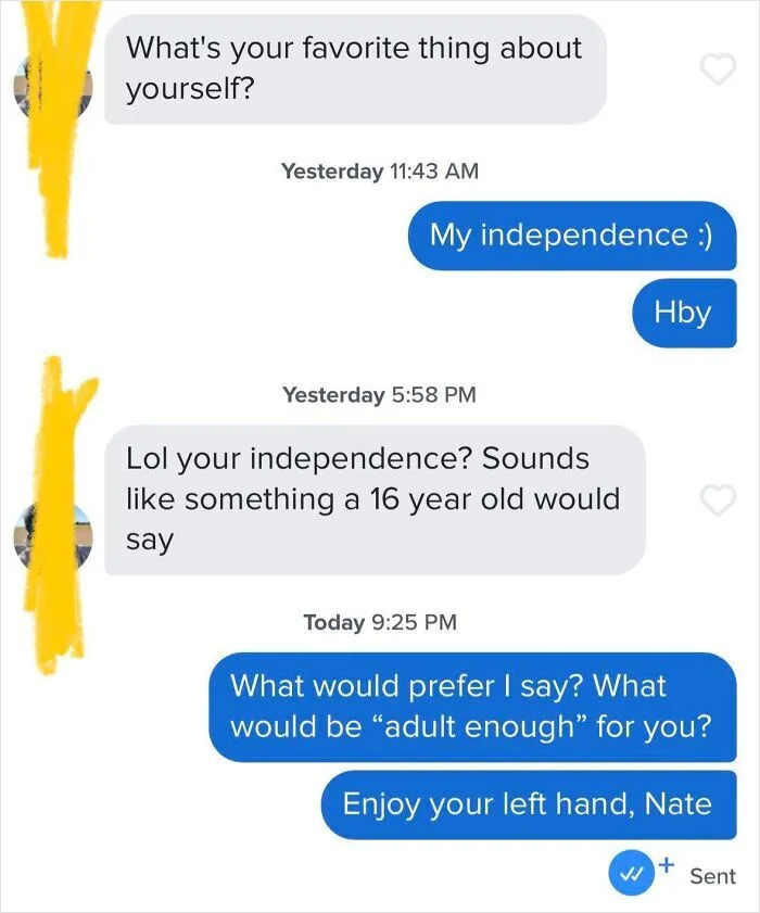 Screenshot of amusing Tinder stories featuring a sarcastic rejection response in modern dating.