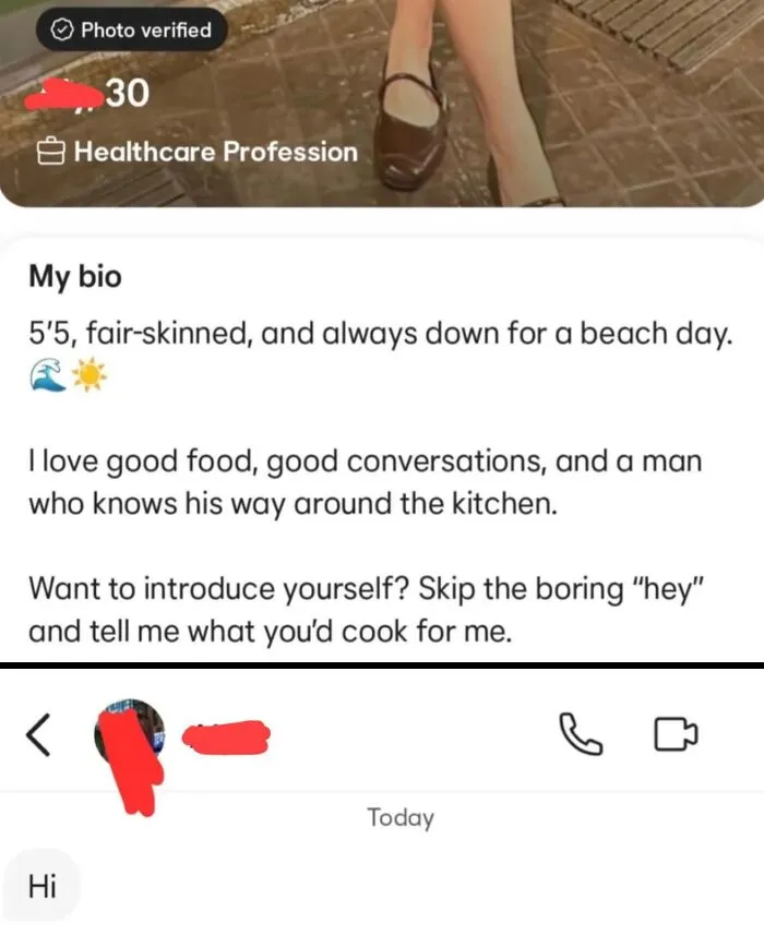 Screenshot of a dating profile bio and a simple message illustrating amusing Tinder stories.