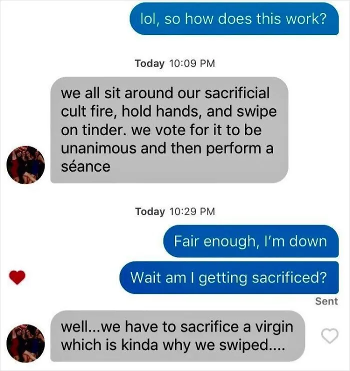 Screenshot of funny Tinder stories showing a chat about holding a séance to swipe on the app.