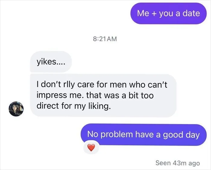 Screenshot of text messages showing frustrating Tinder stories where a user rejects a direct date request.