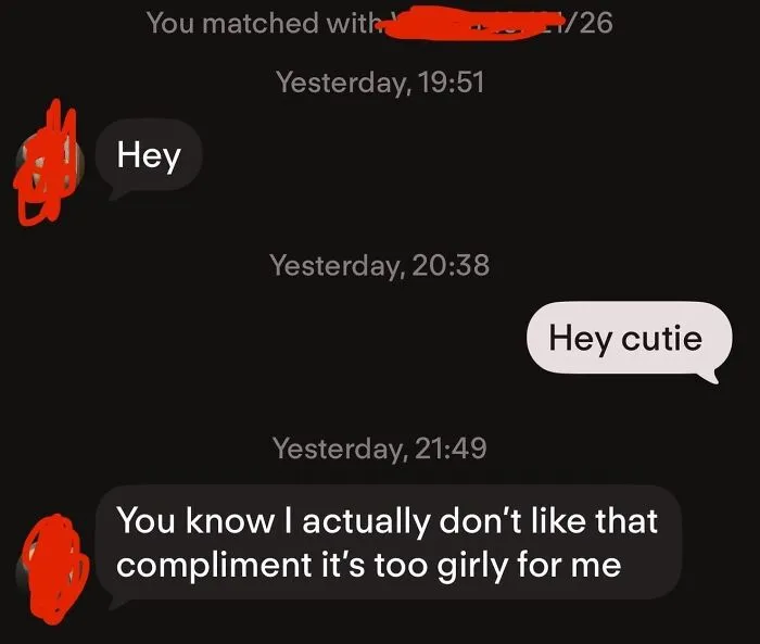 Screenshot of a text conversation depicting frustrating Tinder stories where a compliment is rejected.