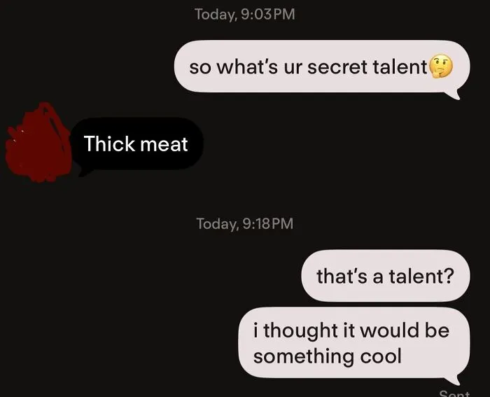 Funny text exchange on a chat app showing an awkward interaction from Tinder stories.