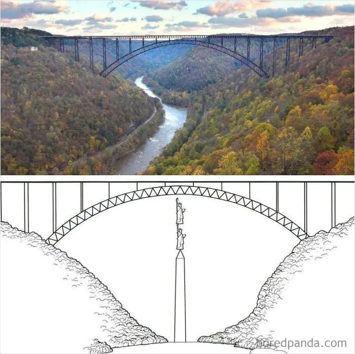 Funny post showing bridge height measured using Washington Monument and Statue of Liberty instead of metric system