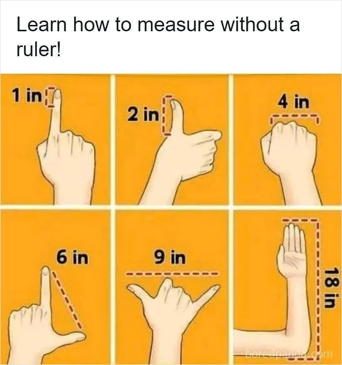 Funny posts diagram showing how to measure inches with hand gestures without the metric system.