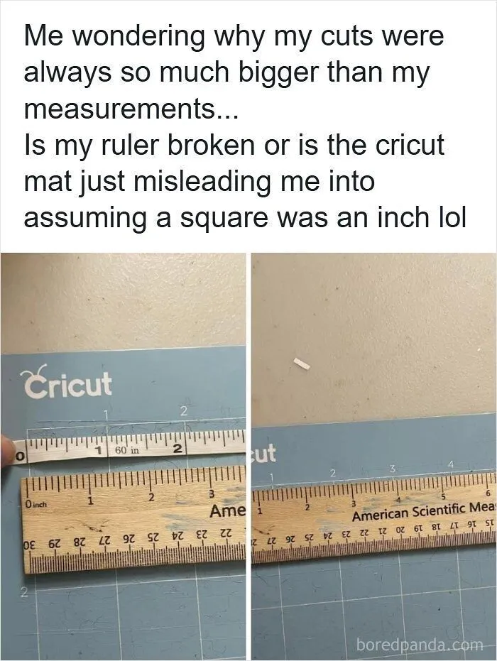 Rulers lined up next to a craft mat in funny posts mocking Americans avoiding the metric system