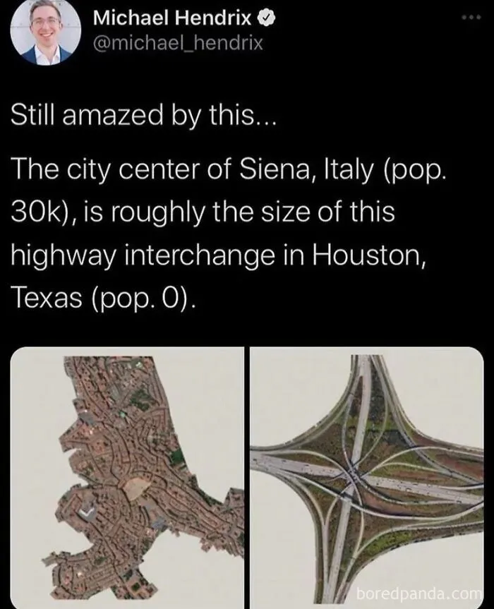 Funny post comparing a city in Italy to a highway interchange, showing how Americans will use anything but metric system