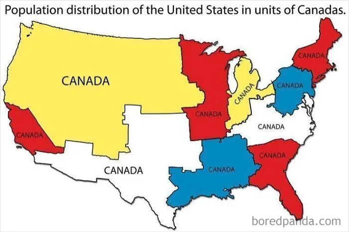 US map divided into regions labeled Canada to measure population, a funny post mocking non-metric system units.