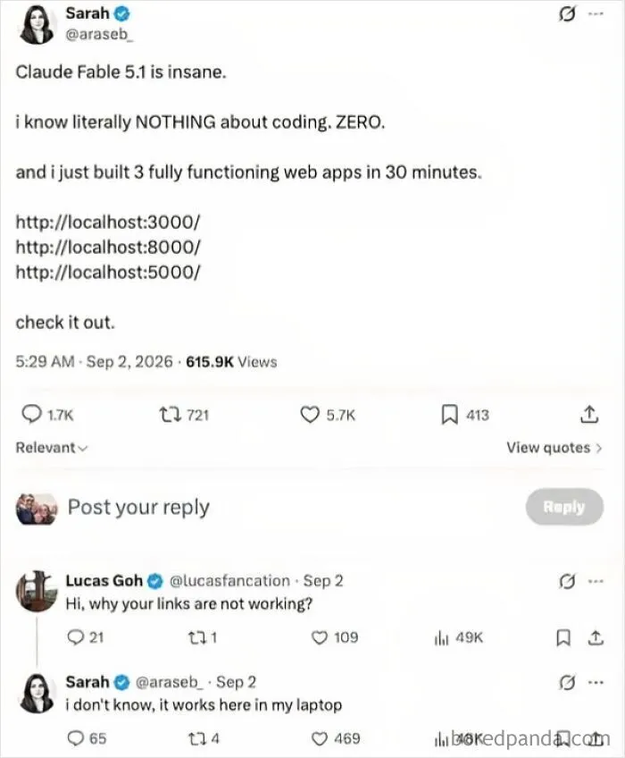 A social media post demonstrating someone who is confidently wrong about sharing localhost links online.