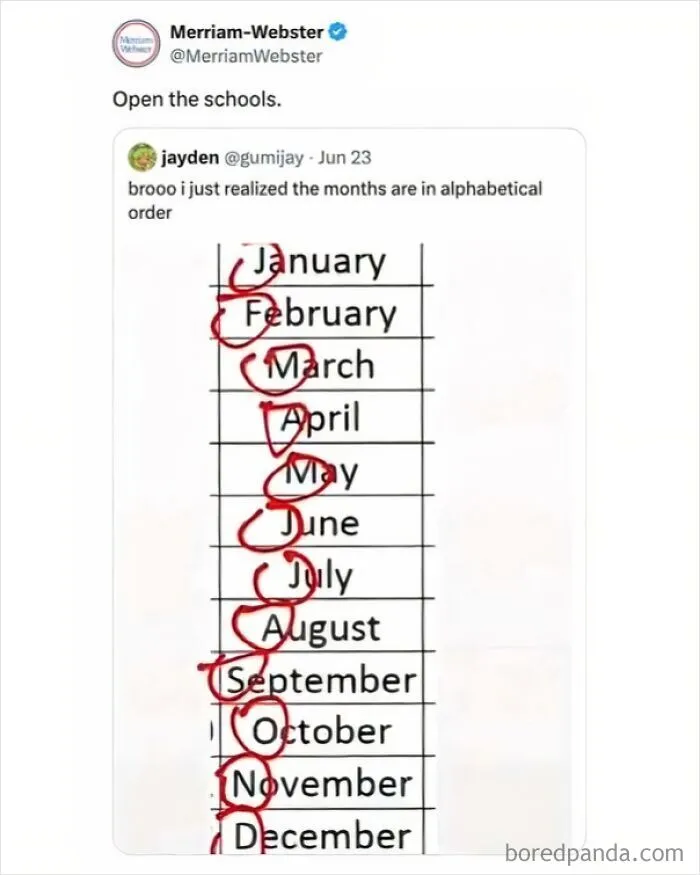 A tweet falsely claiming months are in alphabetical order, an example of someone who is confidently wrong.