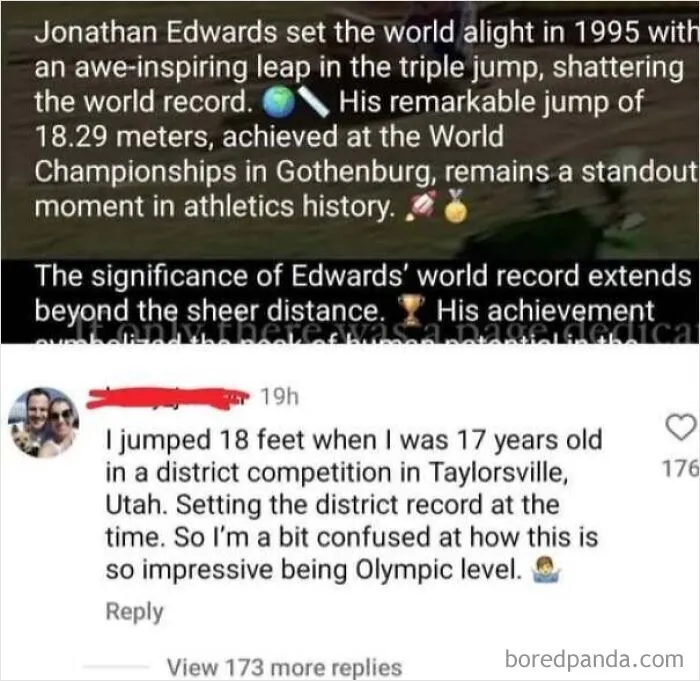 Social media comment from someone confidently wrong about world records.