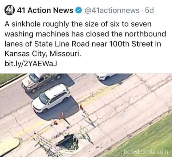 Funny posts news tweet measuring a sinkhole using washing machines instead of the metric system.
