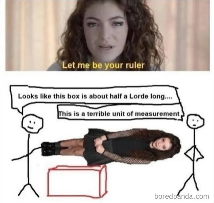 Humorous meme using singer Lorde as a ruler, illustrating anything but the metric system.