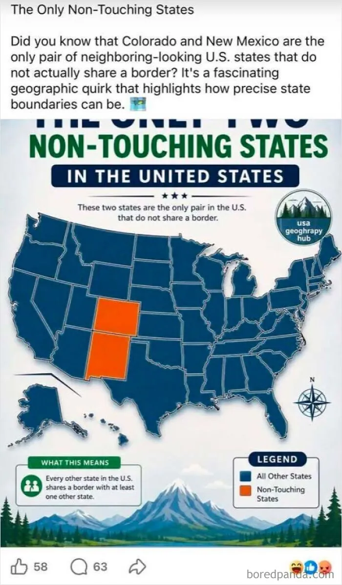 A fake geography post falsely claiming Colorado and New Mexico do not touch, depicting someone confidently wrong.