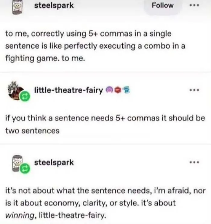 A humorous social media thread where someone is loudly proclaimed right about grammar choices.