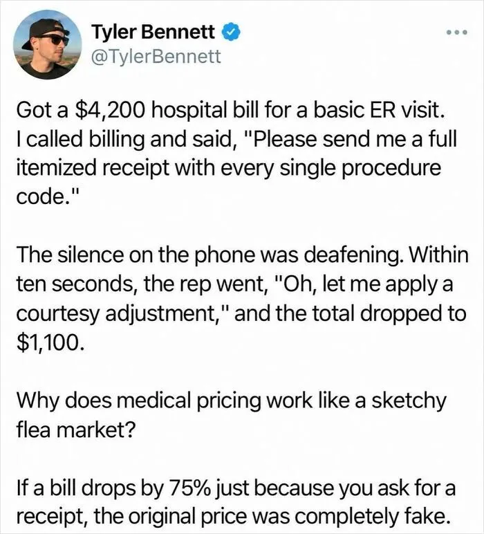An entertaining post sharing a tweet about an itemized hospital bill reducing in price.