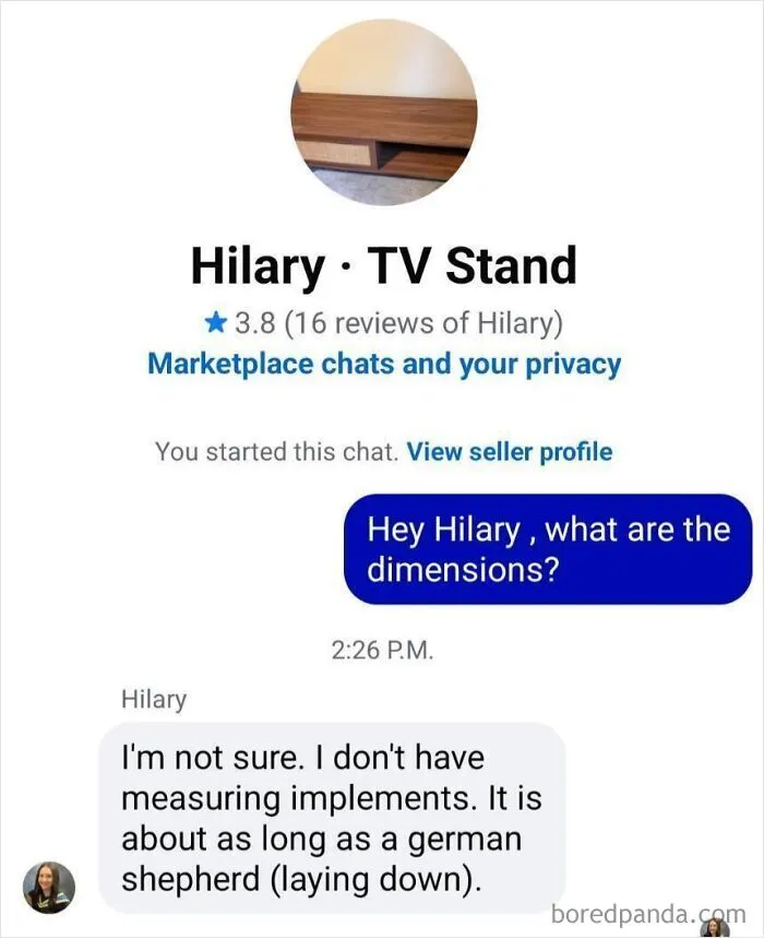 Funny post about Americans avoiding the metric system by describing TV stand length using a German Shepherd.