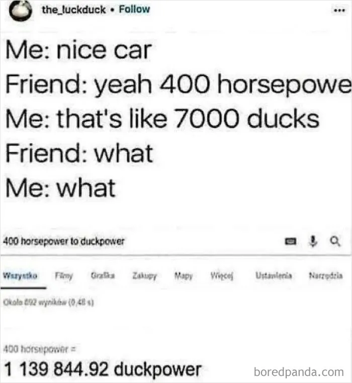 Funny post about a social media joke converting horsepower to duckpower, showing how Americans will use anything but metric system